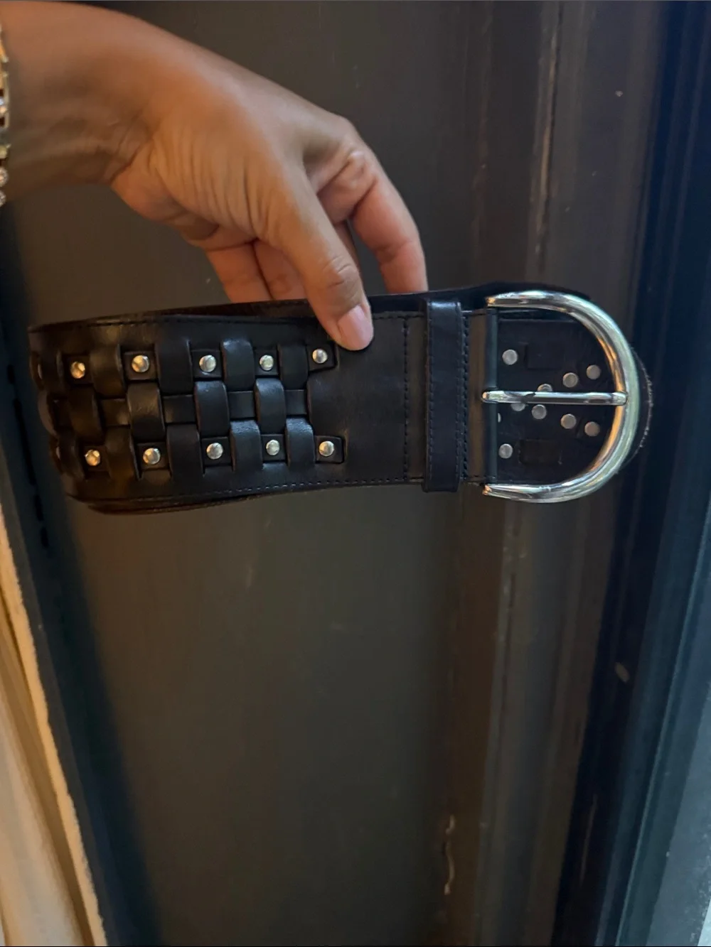 Black Woven Leather Belt with Silver Buckle